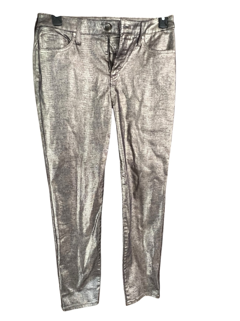 CHICOS  Coated Ankle
Jeans | Metallic Silver Women's Skinny Pants